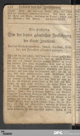 Die Historia Von der letzten gäntzlichen Zerstöhrung der Stadt Jerusalem