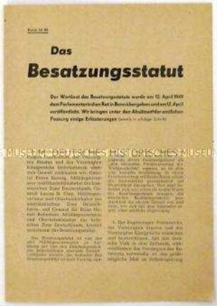 Sonderdruck mit dem Text des Besatzungsstatutes vom 10.04.1949 für die Westzonen mit Kommentaren des Landesvolksausschusses Sachsen für Einheit und gerechten Frieden
