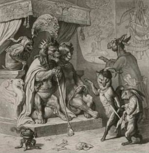Kaulbach, Wilhelm von. Illustration zu Reineke Fuchs von Johann Wolfgang v. Goethe. Reineke wird vom König als Rompilger gnädig entlassen