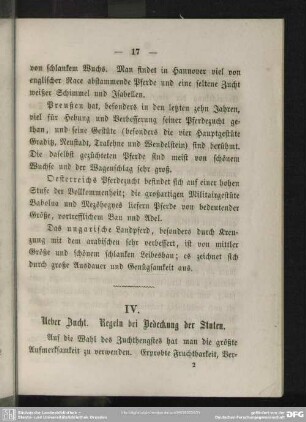 IV. Ueber Zucht. Regeln bei Deckung der Stuten
