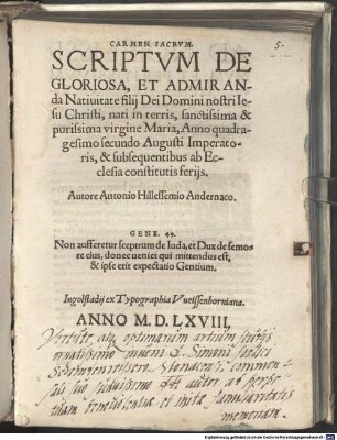Carmen sacrum ... de gloriosa ... Nativitate filii Dei ...