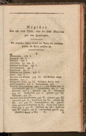 Register über alle drey Theile, oder die sechs Abtheilungen des Handbuches