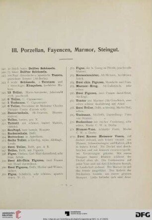 III. Porzellan, Fayencen, Marmor, Steingut (Nr. 341-690)