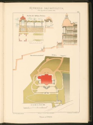 Villa, Zürich: Lageplan, Schnitt und Pavillion (aus: Moderne Architektur, hrsg. Lambert & Stahl, Stuttgart 1891)