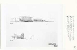Varité [Wintergarten], Berlin-Charlottenburg (Diplomarbeit bei Bernhard Hermkes): Zentrum am Zoo, Ansichten von Süden, Osten und Schnitte 1:500