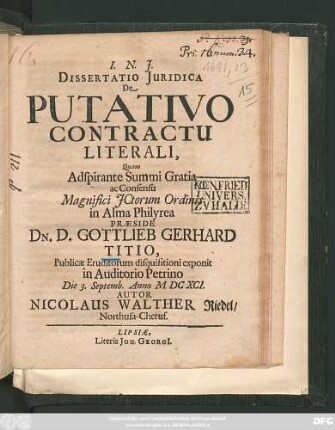 Dissertatio Iuridica De Putativo Contractu Literali