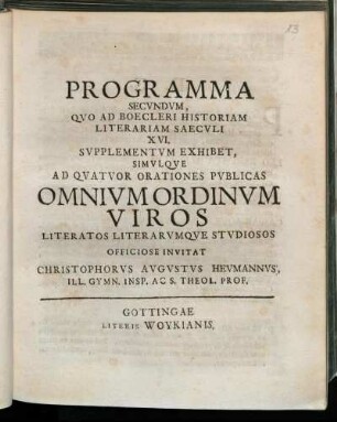 Programma Secvndvm, Qvo Ad Boecleri Historiam Literariam Saecvli XVI. Svpplementvm Exhibet
