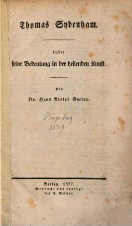 Thomas Sydenham : Über seine Bedeutung in der heilsamen Kunst