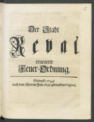 Der Stadt Reval erneuerte Feuer-Ordnung