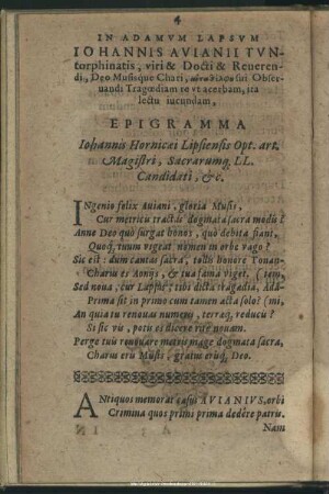 In Adamum Lapsum Iohannis Avianii Tuntorphinatis ... Epigramma