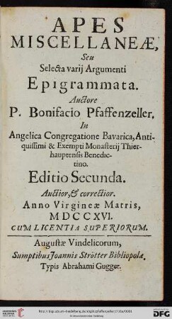 Apes Miscellaneæ, Seu Selecta varij Argumenti Epigrammata