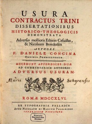 Danielis Concina Usura contractus trini dissertationibus historico-theologicis demonstrata