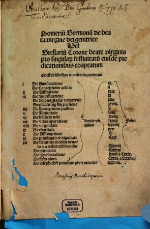 Pomeriu[m] Sermonu[m] de beata virgine dei genitrice Vel Stellariu[m] Corone beate virginis pro singula[rum] festiuitatu[m] eiusde[m] predicationibus coaptatum