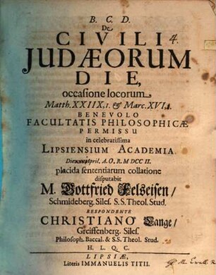 De civili Judaeorum die : occasione locorum Matth. XXIIX, 1. & Marc. XVI, 2.