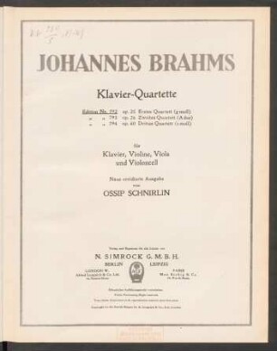 Erstes Quartett (g-Moll) für Klavier, Violine, Viola und Violoncell : op. 25