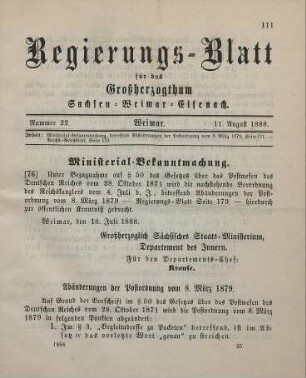 76. Ministerial-Bekanntmachung, betreffend Abänderungen der Postordnung vom 8. März 1879