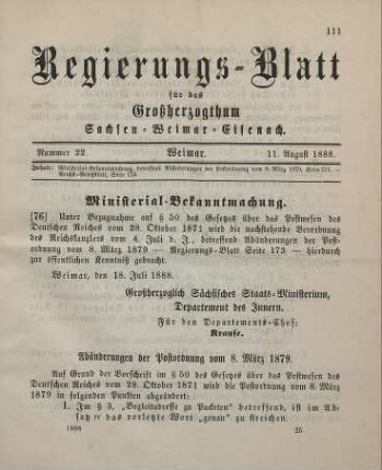 76. Ministerial-Bekanntmachung, betreffend Abänderungen der Postordnung vom 8. März 1879