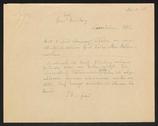 Brief von Gerhart Hauptmann an Johanna Duisberg