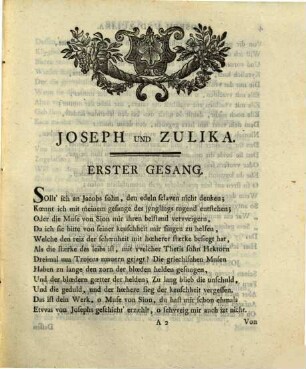 Joseph und Zulika : In Zween Gesængen