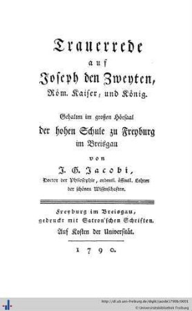 Trauerrede auf Joseph den Zweyten, Röm. Kaiser und König