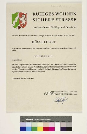 Urkunde im Landeswettbewerb "Ruhiges Wohnen, sichere Straße"