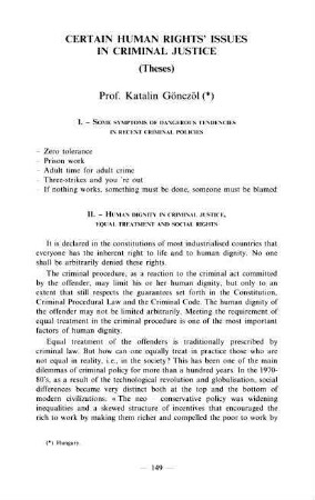 149-152, 10. Certain Human Rights' Issues in the Criminal Justice