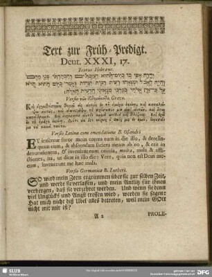 Text zur Früh-Predigt. Deut. XXXI, 17