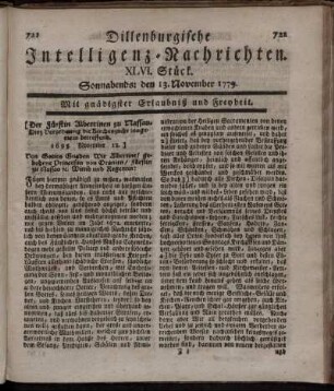 XLVI. Stück. Sonnabends: den 13. November 1779.