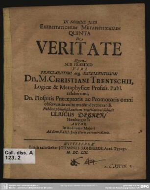 Exercitationum metaphysicarum quinta ... De veritate