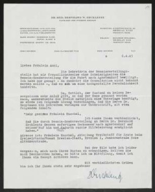 Brief von Bernhard Ercklentz an Annie Pollak