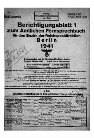 1941, Berichtigungsblatt: Amtliches Fernsprechbuch für den Bezirk der Reichspostdirektion Berlin