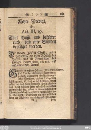 Achte Predigt, über Act. III, 19. Thut Busse und bekehret euch, daß eure Sünden vertilget werden.