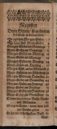 Register derer Gebete, so in diesem Büchlein zu finden seyn