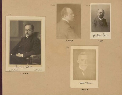 Bl. 44: Fotografien der Physiker Max von Laue, Max Planck, Gustav Mie und Alfred Coehn, 1920 - 1922
