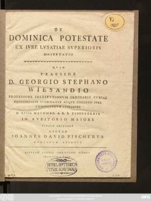 De Dominica Potestate Ex Ivre Lvsatiae Svperioris Dissertatio