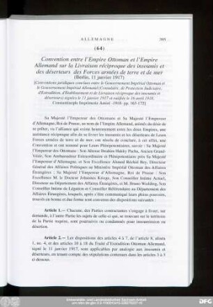 (64) Convention entre l'Empire Ottoman et l'Empire Allemand sur la Livraison réciproque des insoumis et des déserteurs des Forces armées de terre et de mer (Berlin, 11 janvier 1917)