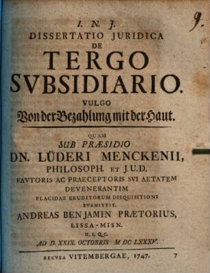 Dissertatio Juridica De Tergo Svbsidiario. Vulgo Von der Bezahlung mit der Haut