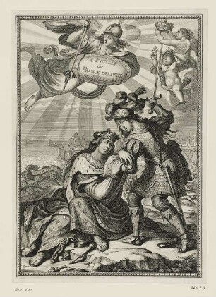 Heilige Johanna von Orléans eilt Frankreich zu Hilfe, Titelblatt aus: Jean Chapelain, "La Pucelle ou La France delivrée, poëme héroïque", Paris 1656