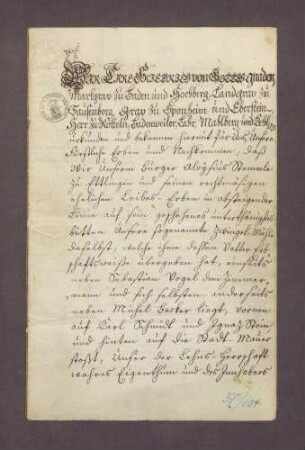Erblehenbrief des Markgrafen Karl Friedrich von Baden an Alois Stemmle über die Zwingelmühle in Ettlingen