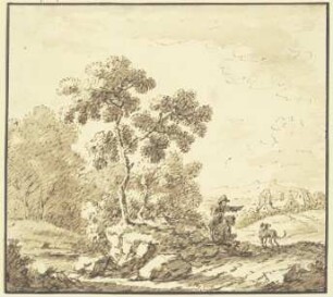 Waldrand, rechts Ausblick auf ein Dorf, am Weg ein stehender und ein sitzender Mann mit einem Hund