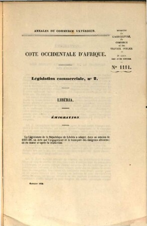 Annales du commerce extérieur. Côte occidentale d'Afrique. Législation commerciale. 1/2. 1856/58