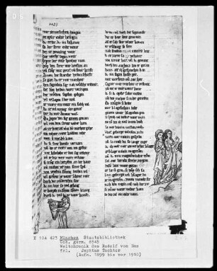 Rudolf von Ems, Weltchronik — Buchseite mit zwei Zeichnungen am Rand