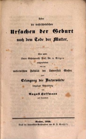 Über die wahrscheinlichen Ursachen der Geburt nach dem Tode der Mutter