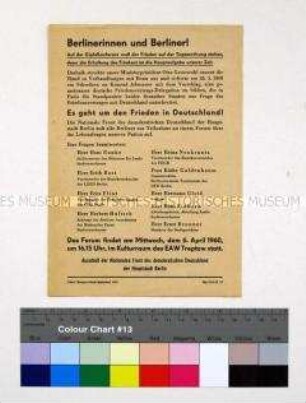 Flugblatt mit einem Aufruf der Nationalen Front Berlin zu einem Forum über das Schreiben von Otto Grotewohl an Konrad Adenauer