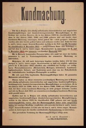 "Kundmachung" über eine zweitmalige Musterung österreich- ungarischer Landsturmpflichtiger in Belgien (Z 1875)