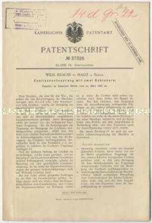 Patentschrift einer Koulissensteuerung mit zwei Schiebern, Patent-Nr. 37326