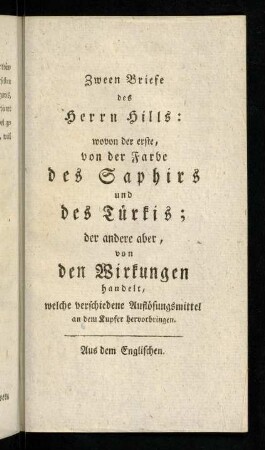 329-345, Erster Brief über die Farbe des Saphirs und des Türkis.