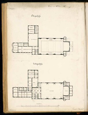 Seemannshaus, Wilhelmshaven Monatskonkurrenz Juni 1901: Grundriss Untergeschoss, Obergeschoss 1:200; Maßstabsleiste
