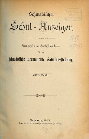 Schwäbischer Schulanzeiger : amtliches Mitteilungsblatt der Regierung von Schwaben. 11. 1893