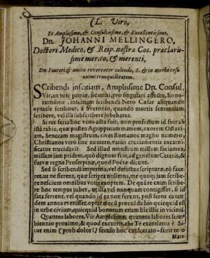 [...] L.Viro, Et Amplissimo, & Consultissimo, & Excelentissimo, Dn. Johanni Melingero, [...]